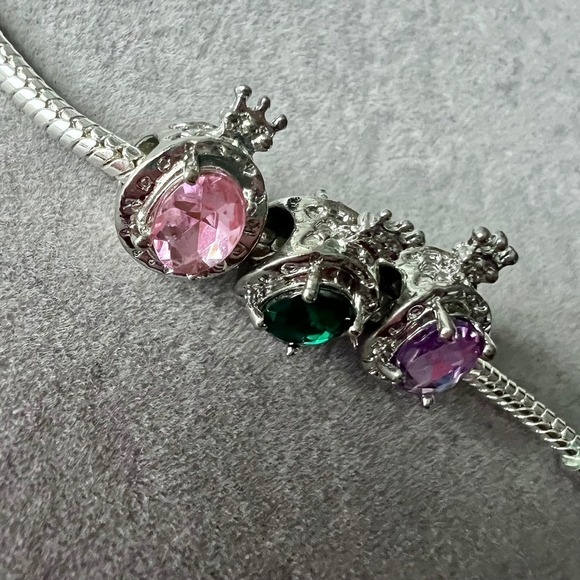 Silver Crown Charm Bracelet Princess Gemstone Pink Green Purple - Picture 5 of 12